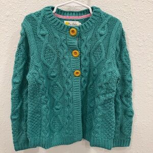 Mini Boden Turquoise Cable Knit Cardigan with Yellow Buttons